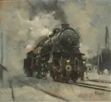 Jaroslav Ronek, Untitled, Oil on Canvas Board, Steam Locomotive