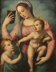 Francesco Granacci, Untitled, Oil on Cradled Panel, Ca. 16th C., "Madonna, Child, St. John the Baptist"