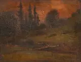 James Everett Stuart, Untitled, Oil on Oak Panel, 1900-1908, "Redwoods And Live Oaks Near Aptos, California"