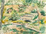 Edgar Yaeger, Untitled, Watercolor on Paper, Ca. 1960, "Landscape with Footbridge"
