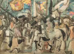 Untitled by Herbert Joshua Ariss, Mixed Media with Collage on Paper, Ca. 1959, Abstract with Figures on Horseback, offered Apr 2024