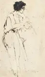 Richard Jerzy, Untitled, Gouache on Paper, "Woman Playing a Flute"