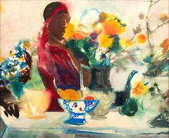 Untitled by Richard Jerzy, Watercolor on Paper, 1969, "Woman with Red Headband", offered Mar 2024