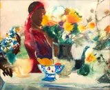 Richard Jerzy, Untitled, Watercolor on Paper, 1969, "Woman with Red Headband"