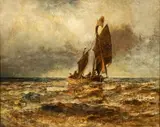 Robert Hopkin, Untitled, Oil on Canvas Mounted to Masonite, "Fishermen at Sea"