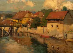 Untitled by Anton Faistaur, Oil on Canvas Mounted to Board, Ca. 1924, "Riverside Austrian Village", offered Feb 2024