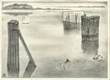 Louis Lozowick, Untitled, Lithograph on Wove Paper, 1932, "Quiet Harbor (Swimming Hole)"