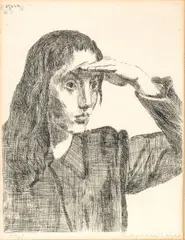 Untitled by Raphael Soyer, Etching on Paper, 1967, "Girl Shading Her Eyes", offered Feb 2024