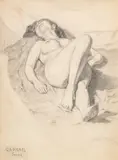 Raphael Soyer, Untitled, Graphite And Colored Pencil on Paper, Ca. 1930, "Reclining Nude"