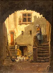 Antoine Vollon, Untitled, Oil on Mahogany Panel, "Courtyard Racket, Clermont-Ferrand"