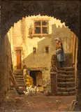 Antoine Vollon, Untitled, Oil on Mahogany Panel, "Courtyard Racket, Clermont-Ferrand"