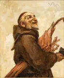 Francesco Netti, Untitled, Oil on Canvas, Ca. 1887, "Monk with Parasol And Pinch of Snuff"