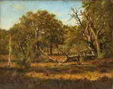 Léon Richet, Untitled, Oil on Cradled Mahogany Panel, "Wooded Landscape"