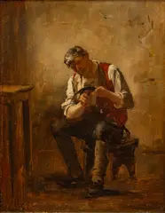 John F. Francis, Untitled, Oil on Artists Board 1881, "Sharpening the Sythe"