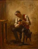 John F. Francis, Untitled, Oil on Artists Board 1881, "Sharpening the Sythe"