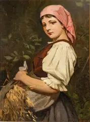 Paul Thumann, Untitled, Oil on Canvas Mounted to Board, Late 19th/early 20th C., "Woman Gathering Wheat"