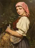 Paul Thumann, Untitled, Oil on Canvas Mounted to Board, Late 19th/early 20th C., "Woman Gathering Wheat"