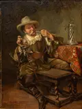 August Knoop, Untitled, Oil on Beveled Mahogany Panel, Ca. 1890, "Cavalier Smoking a Pipe"