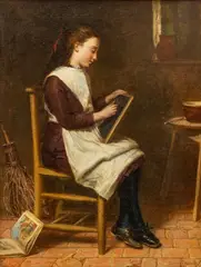 Untitled by Sydney Sprague Morrish, Oil on Canvas, 1880, "Homework", offered Feb 2024