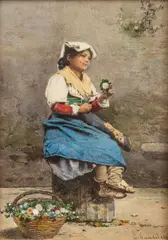 Untitled by Guerrino Guardabassi, Watercolor on Paper, "Flower Vendor", offered Feb 2024