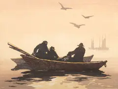 Tod Lindenmuth, Untitled, Linocut in Colors on Wove Paper, Ca. 1920, "The Gill Netters"