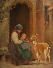 Untitled by Joseph W. Gies, Oil on Canvas Mounted to Board, Ca. 1910, "Grandma And Her Pets", offered Jan 2024