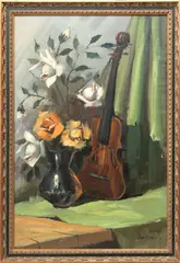 Untitled by Beppe Grimani, Oil on Canvas, "Still Life, Roses And Violin", offered Jan 2024