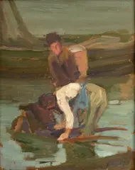 Roy Charles Gamble, Untitled, Oil on Artist Board, Ca. Early 20th C., "Oyster Gatherers"