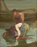 Roy Charles Gamble, Untitled, Oil on Artist Board, Ca. Early 20th C., "Oyster Gatherers"