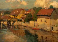 Untitled by Anton Faistaur, Oil on Canvas Mounted to Board, Ca. 1924, "Riverside Austrian Village", offered Dec 2023