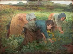 George Robert Rushton, Untitled, Oil on Canvas, Ca. 19th C., "Three Women Harvesting Vegetables"