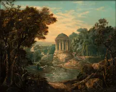 Hubert Robert, Untitled, Oil on Canvas, Ca. 18th C., "Classical Temple on a Rocky Outcrop"