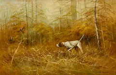 Eugene Kingman, Untitled, Oil on Canvas, Ca. Mid 20th C., "Pointer Flushing Quail"