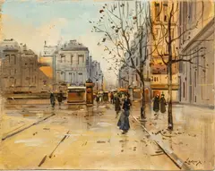 Untitled by Claude Leroux, Oil on Panel "Paris Street Scene (Autumn)", offered Dec 2023