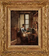 Untitled by Gerard Portielje, Oil on Beveled Mahogany Panel, the Cooking Lesson, offered Dec 2023