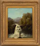 Untitled by Francis Sydney Muschamp, Oil on Canvas, 1881, Fisherman on Rock Near Waterfall, offered Dec 2023