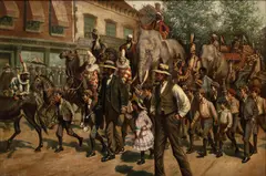 Untitled by Charles Boizard, Oil on Canvas, Early 20th C., "The Circus Arrives in Town", offered Dec 2023