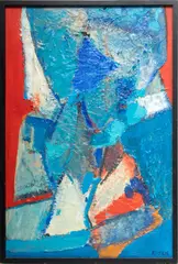Untitled by Florence Rosen, Mixed Media And Oil on Canvas, Ca. 1960s, "Abstract in Blues, Red, And Orange", offered Dec 2023