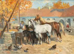 Jerzy Potrzebowski, Untitled, Oil on Canvas, Ca. Mid 20th C., "Man Watering Horses"