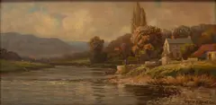 Sydney M. Broad, Untitled, Oil on Canvas 1901, "Village by the River Wye"