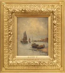 Henri Fabre, Untitled, Oil on Panel, "Fishing Vessels Off the Coast of Marseille"