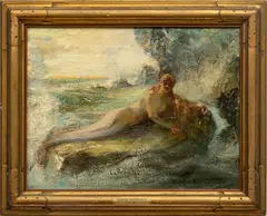 Douglas Arthur Teed, Untitled, Oil on Canvas, Ca. 1919, Mermaid on a Rocky Shore