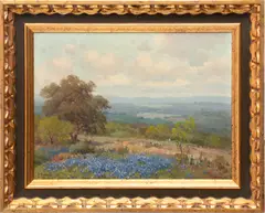 Porfirio Salinas, Untitled, Oil on Canvas Board, "Texas Landscape with Bluebonnets"