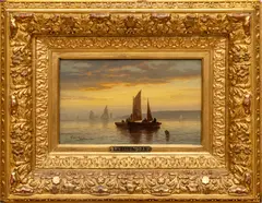 Untitled by Edward Moran, Oil on Canvas, "Sailing Vessels at Sunrise", offered Nov 2023