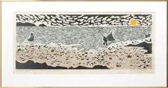 Emmy Lou Packard, Untitled, Woodblock Print in Colors on Paper, "Surf Fishing - Pacific Coast"