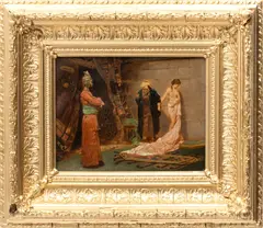 Frederick Vezin, ' W 8', Oil On Beveled Mahogany Panel, Ca. 1880, "Sale Of The Circassian Slave"