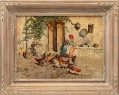 Giuseppe Giardiello, Untitled, Oil on Board, "Chickens in Farmyard"
