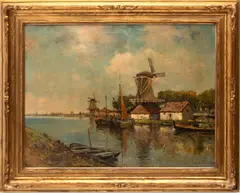 Anton Stockmann, Untitled, Oil on Canvas, Ca. 1900-1915, "Dutch Canal Scene"