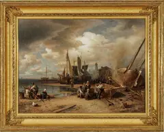 Hermann Herzog, Untitled, Oil on Canvas Ca. 1866, Fisherman Working on Boats