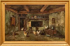 Untitled by Andrew Melrose, Oil on Canvas, Ca. 1900, "Interior with Chickens", offered Oct 2023